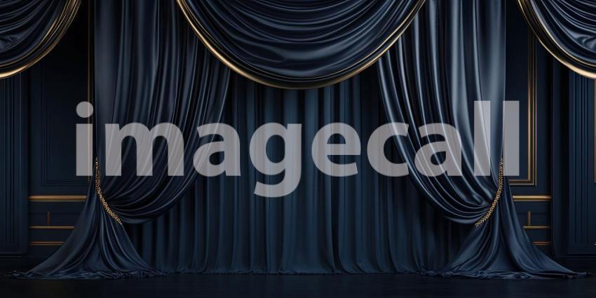 A Stage of Grandeur: Luxurious velvet curtains, adorned with golden accents, frame a grand stage, ready for the spotlight to shine