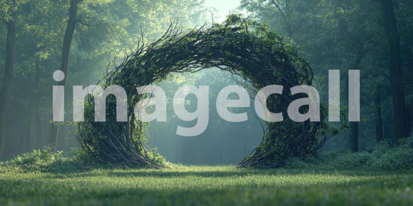 A Mystical Archway of Intertwined Vines Beckons into a Misty Woodland, Inviting Exploration and Wonder
