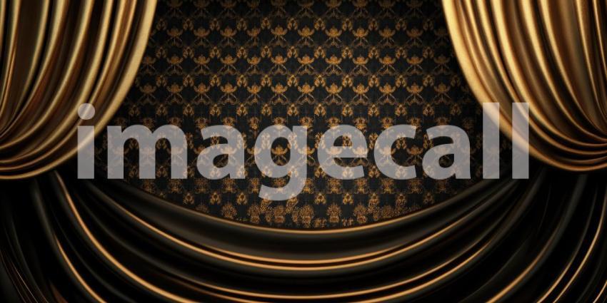 A Stage of Grandeur: Luxurious velvet curtains, adorned with golden accents, frame a grand stage, ready for the spotlight to shine