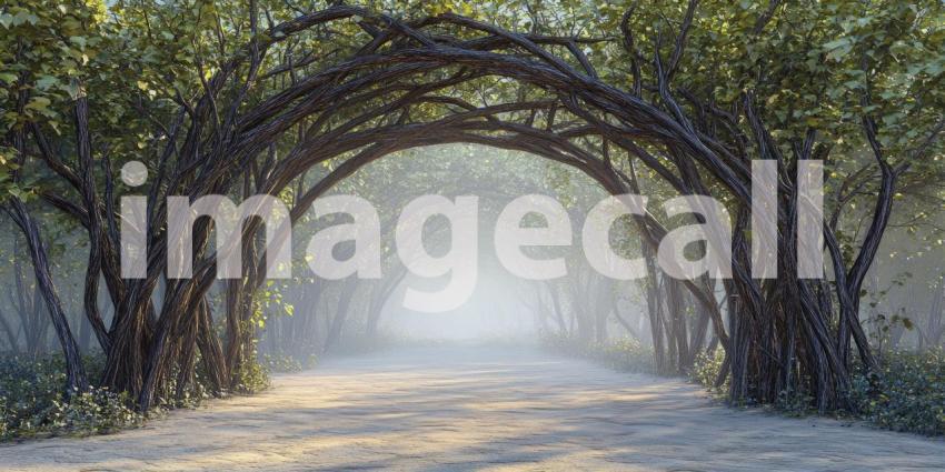 A Mystical Archway of Intertwined Vines Beckons into a Misty Woodland, Inviting Exploration and Wonder
