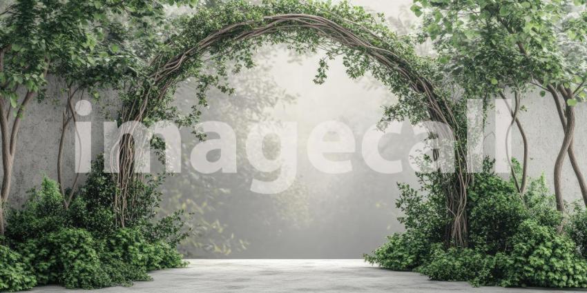 A Mystical Archway of Intertwined Vines Beckons into a Misty Woodland, Inviting Exploration and Wonder