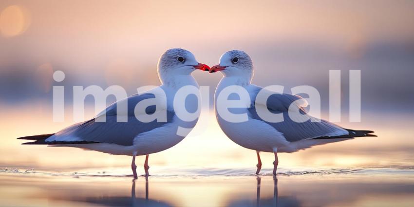 A Love Story in Flight: Two graceful seagulls share a tender moment on a rocky perch, with the ocean and a vibrant sky as their backdrop