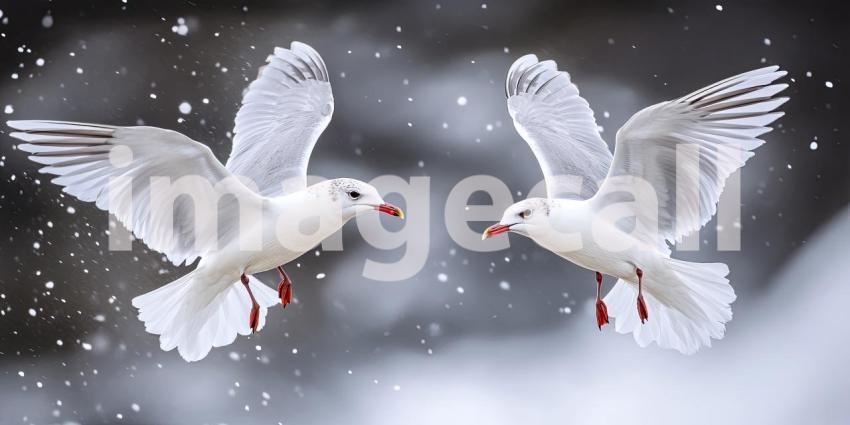 A Love Story in Flight: Two graceful seagulls share a tender moment on a rocky perch, with the ocean and a vibrant sky as their backdrop