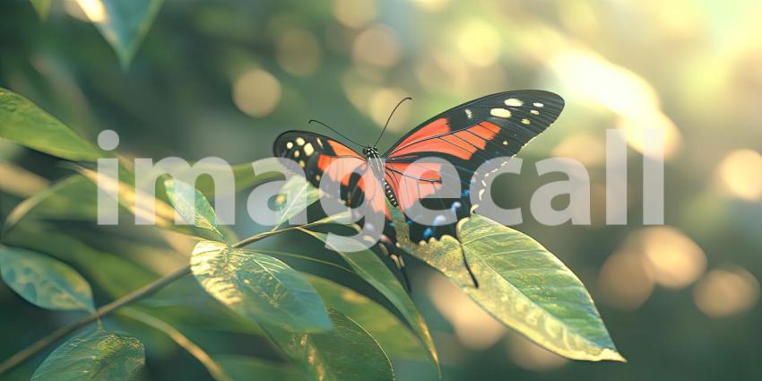 A Moment of Tranquility: A vibrant butterfly with wings of orange, black, and white rests on a leaf, bathed in warm sunlight