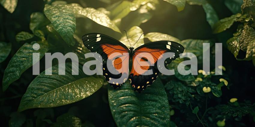 A Moment of Tranquility: A vibrant butterfly with wings of orange, black, and white rests on a leaf, bathed in warm sunlight
