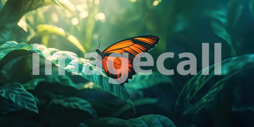 A Moment of Tranquility: A vibrant butterfly with wings of orange, black, and white rests on a leaf, bathed in warm sunlight