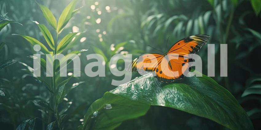 A Moment of Tranquility: A vibrant butterfly with wings of orange, black, and white rests on a leaf, bathed in warm sunlight