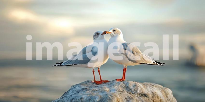 A Love Story in Flight: Two graceful seagulls share a tender moment on a rocky perch, with the ocean and a vibrant sky as their backdrop
