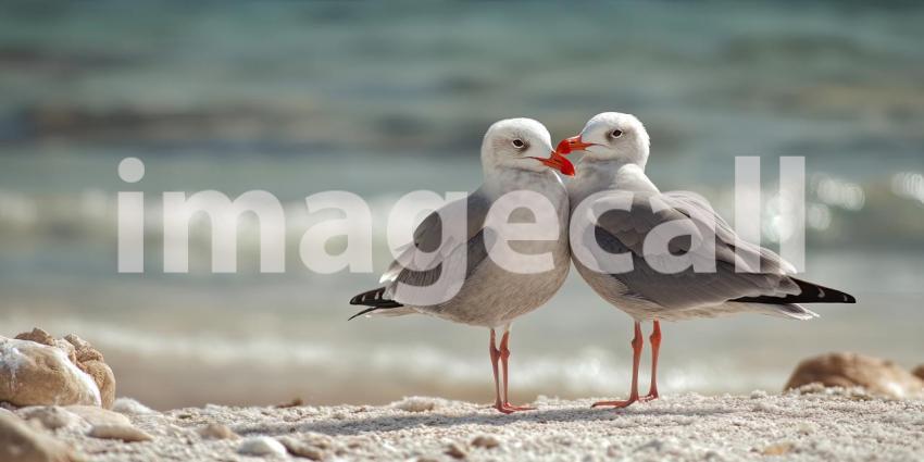 A Love Story in Flight: Two graceful seagulls share a tender moment on a rocky perch, with the ocean and a vibrant sky as their backdrop