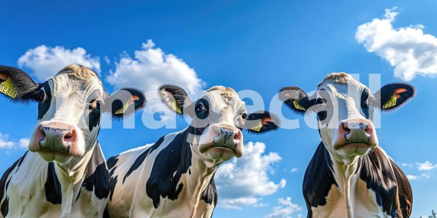 A Curious Herd: A group of Holstein cows gaze inquisitively at the camera from a lush green pasture under a bright blue sky