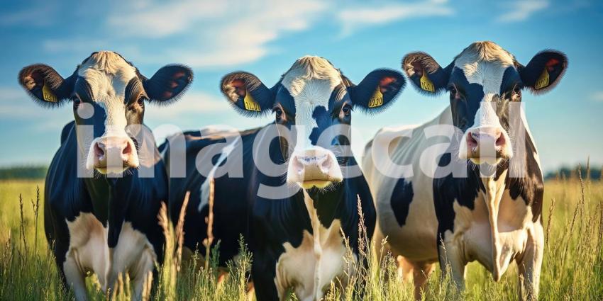 A Curious Herd: A group of Holstein cows gaze inquisitively at the camera from a lush green pasture under a bright blue sky