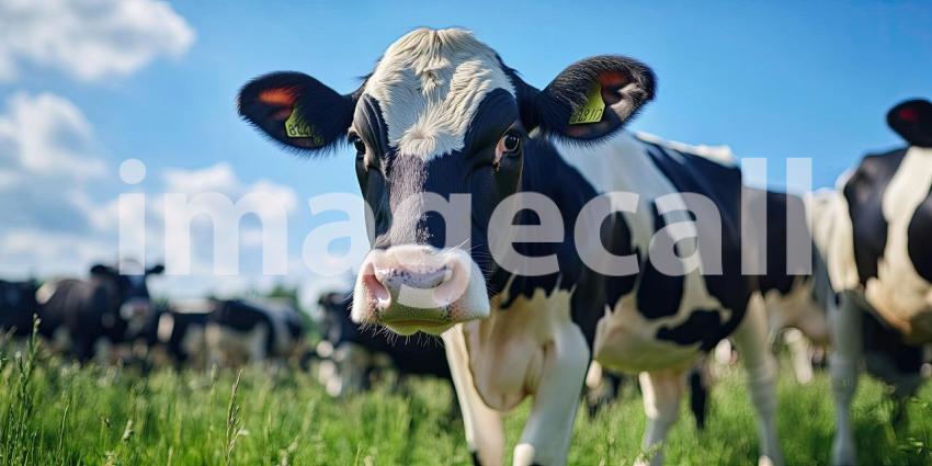 A Curious Herd: A group of Holstein cows gaze inquisitively at the camera from a lush green pasture under a bright blue sky