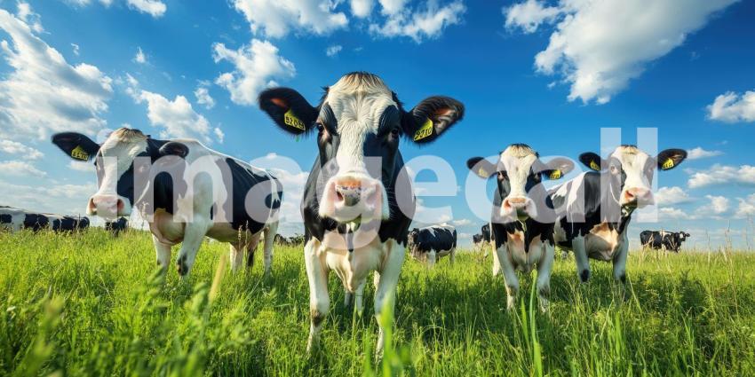 A Curious Herd: A group of Holstein cows gaze inquisitively at the camera from a lush green pasture under a bright blue sky