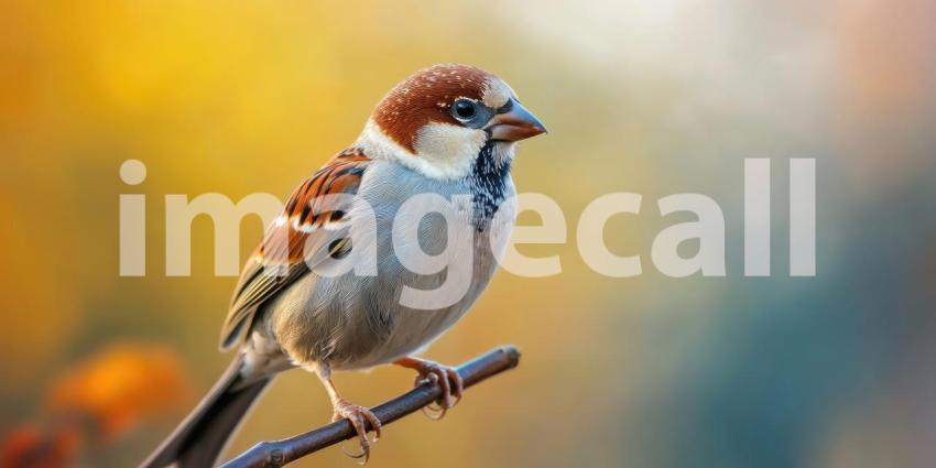 A Moment of Serenity: A Sparrow perched on a branch, bathed in the warm glow of the setting sun