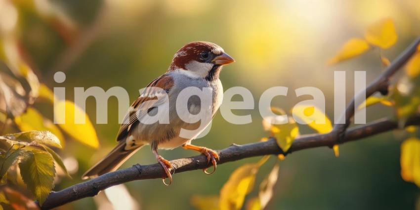 A Moment of Serenity: A Sparrow perched on a branch, bathed in the warm glow of the setting sun