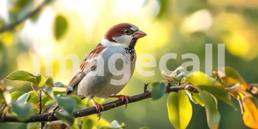 A Moment of Serenity: A Sparrow perched on a branch, bathed in the warm glow of the setting sun