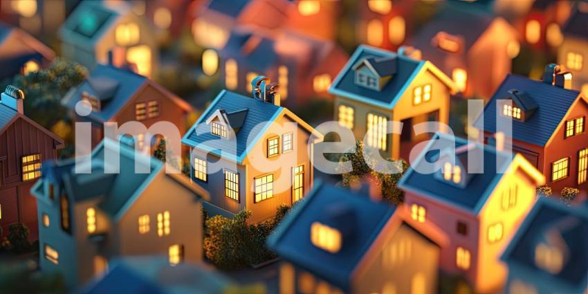 A Neighborhood of Dreams: A miniature city lights up under the warm glow of twilight, each house a beacon of warmth and comfort in the gathering dusk