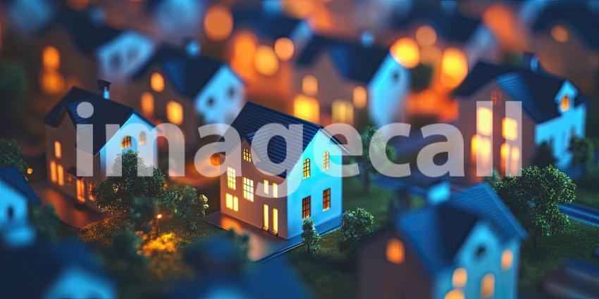 A Neighborhood of Dreams: A miniature city lights up under the warm glow of twilight, each house a beacon of warmth and comfort in the gathering dusk