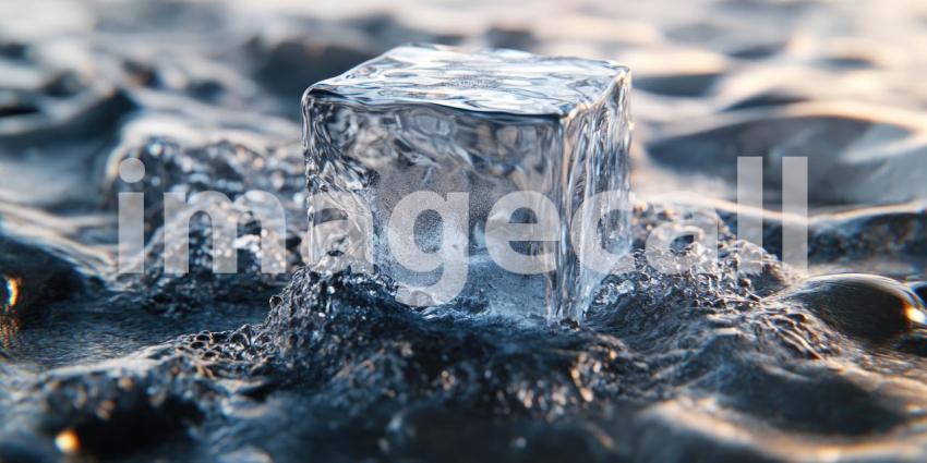 A Burst of Color: A vibrant purple ice cube shatters upon impact, sending a spray of icy shards and shimmering water droplets into the air