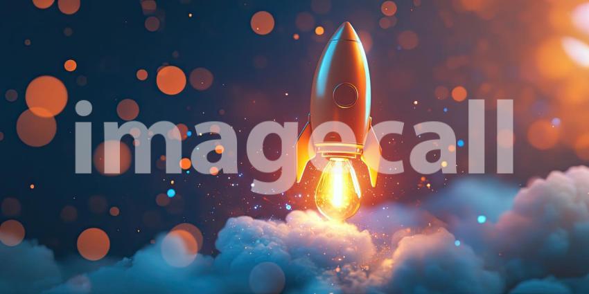 Ascent into the Unknown: A gleaming rocket ship blasts off into the cosmos, leaving a trail of fiery exhaust in its wake