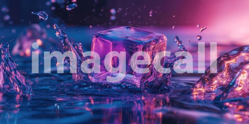 A Burst of Color: A vibrant purple ice cube shatters upon impact, sending a spray of icy shards and shimmering water droplets into the air