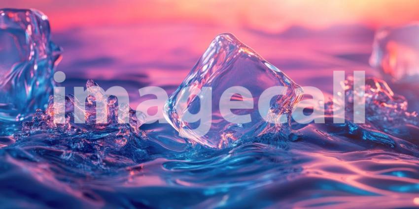 A Burst of Color: A vibrant purple ice cube shatters upon impact, sending a spray of icy shards and shimmering water droplets into the air