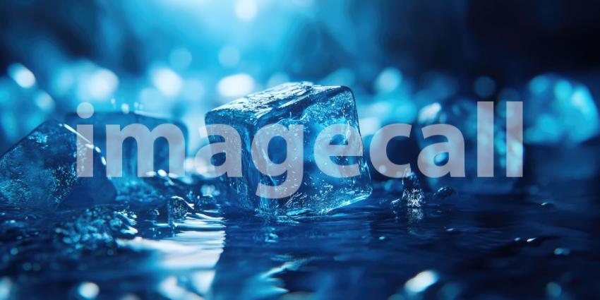 A Burst of Color: A vibrant purple ice cube shatters upon impact, sending a spray of icy shards and shimmering water droplets into the air