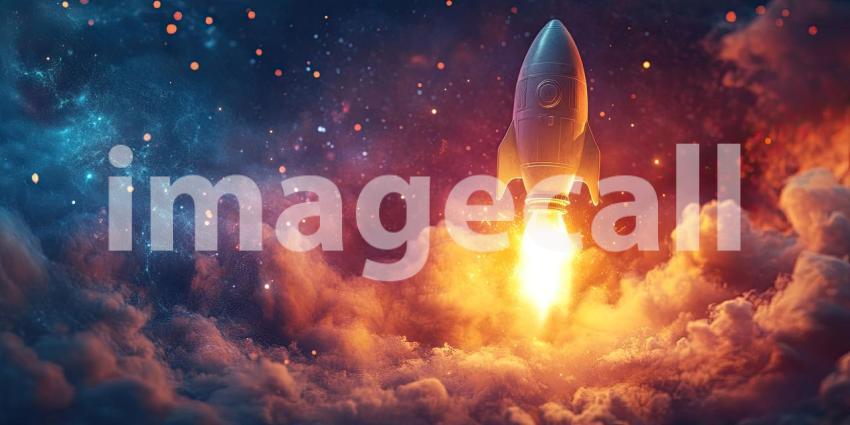 Ascent into the Unknown: A gleaming rocket ship blasts off into the cosmos, leaving a trail of fiery exhaust in its wake
