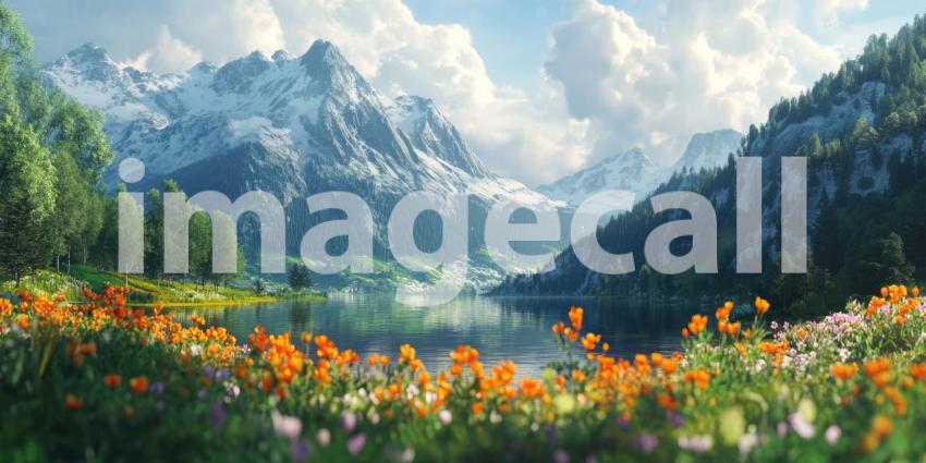 A Serene Mountain Escape: A picturesque lake nestled amidst snow-capped peaks, surrounded by a vibrant meadow of wildflowers