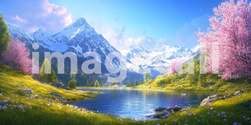 A Serene Mountain Escape: A picturesque lake nestled amidst snow-capped peaks, surrounded by a vibrant meadow of wildflowers