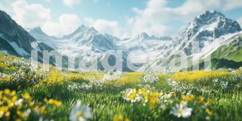 A Serene Mountain Escape: A picturesque lake nestled amidst snow-capped peaks, surrounded by a vibrant meadow of wildflowers