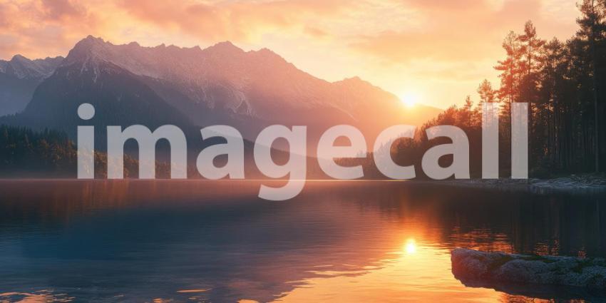 A Fiery Reflection: A dramatic sunset paints the sky with vibrant hues, mirroring the spectacle on the tranquil surface of a mountain lake