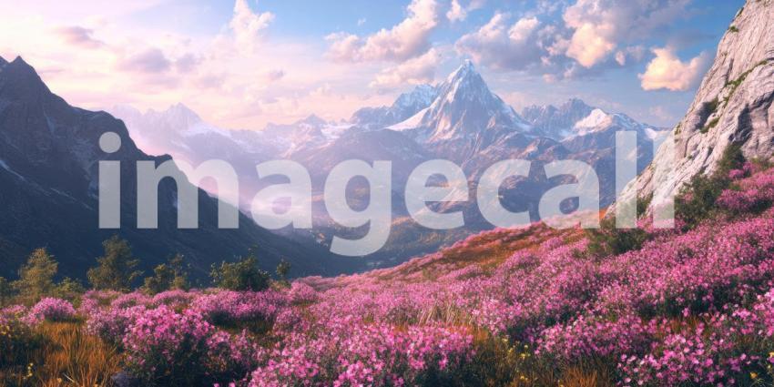 A Serene Mountain Escape: A picturesque lake nestled amidst snow-capped peaks, surrounded by a vibrant meadow of wildflowers