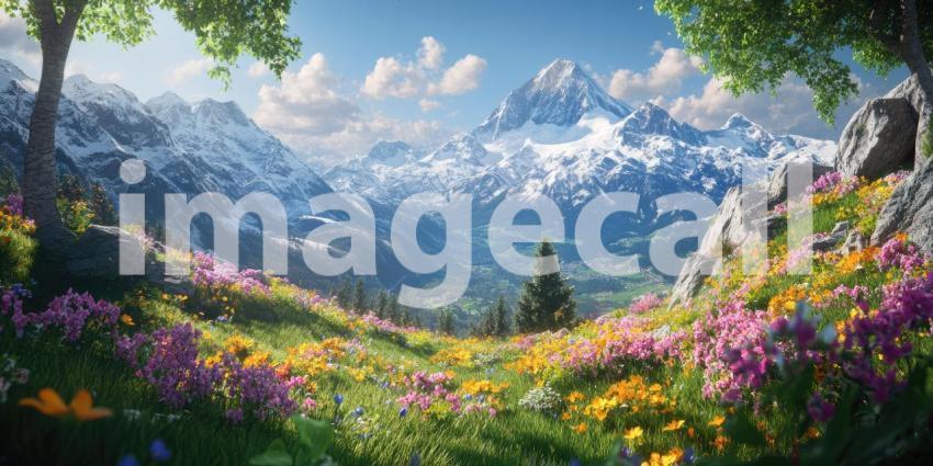 A Serene Mountain Escape: A picturesque lake nestled amidst snow-capped peaks, surrounded by a vibrant meadow of wildflowers