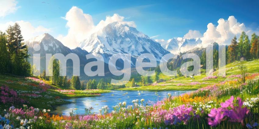 A Serene Mountain Escape: A picturesque lake nestled amidst snow-capped peaks, surrounded by a vibrant meadow of wildflowers