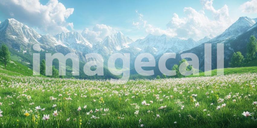 A Serene Mountain Escape: A picturesque lake nestled amidst snow-capped peaks, surrounded by a vibrant meadow of wildflowers