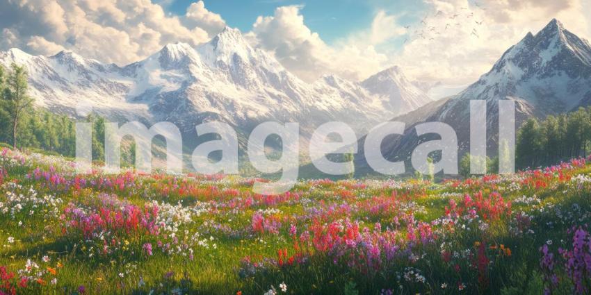 A Serene Mountain Escape: A picturesque lake nestled amidst snow-capped peaks, surrounded by a vibrant meadow of wildflowers