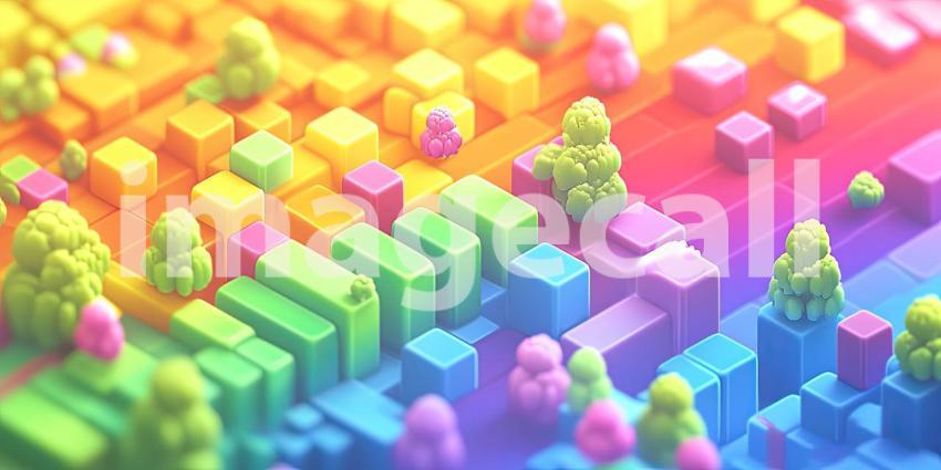 A Pixelated Paradise: A vibrant landscape of colorful blocks and fluffy trees, a digital dreamscape come to life