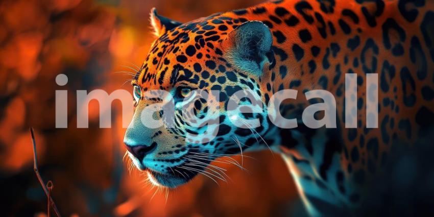 The Jaguar's Gaze: A majestic jaguar peers through the shadows, its piercing eyes reflecting the vibrant hues of the jungle