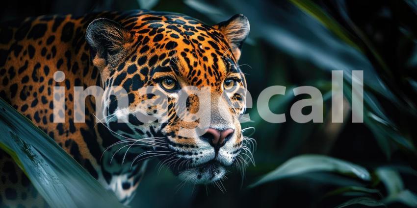 The Jaguar's Gaze: A majestic jaguar peers through the shadows, its piercing eyes reflecting the vibrant hues of the jungle