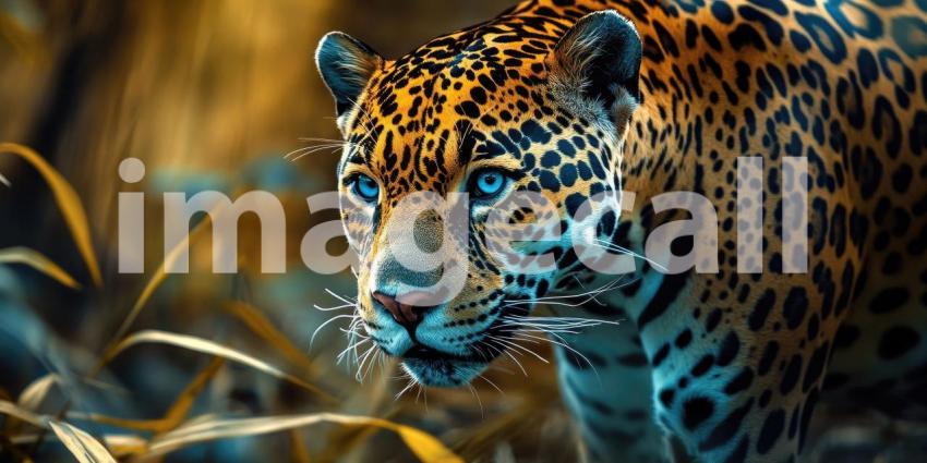 The Jaguar's Gaze: A majestic jaguar peers through the shadows, its piercing eyes reflecting the vibrant hues of the jungle
