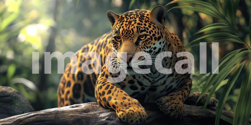 The Jaguar's Gaze: A majestic jaguar peers through the shadows, its piercing eyes reflecting the vibrant hues of the jungle