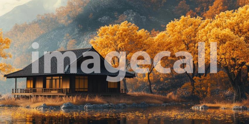 Autumn Serenity: A tranquil Japanese-style house nestled amongst golden autumn leaves, overlooking a serene lake