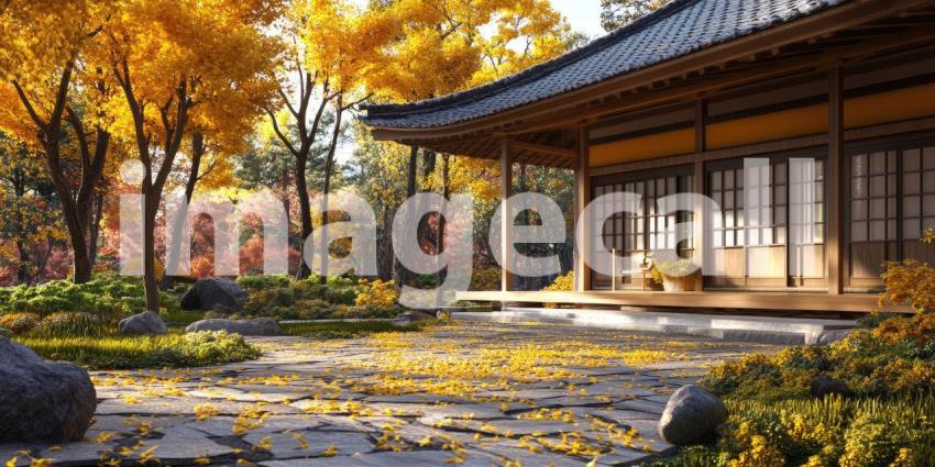 Autumn Serenity: A tranquil Japanese-style house nestled amongst golden autumn leaves, overlooking a serene lake