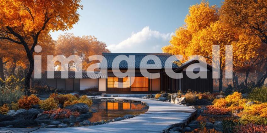 Autumn Serenity: A tranquil Japanese-style house nestled amongst golden autumn leaves, overlooking a serene lake