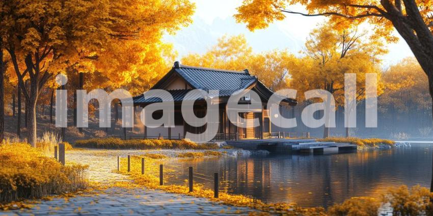 Autumn Serenity: A tranquil Japanese-style house nestled amongst golden autumn leaves, overlooking a serene lake