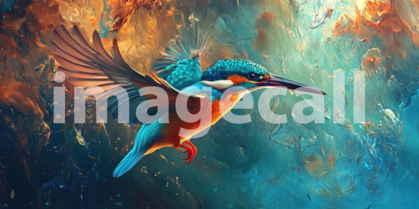 Kingfisher's Perch: A vibrant kingfisher surveys its domain from a branch laden with autumn leaves, the sunlight catching its iridescent plumage