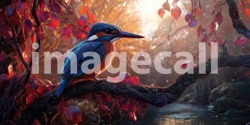 Kingfisher's Perch: A vibrant kingfisher surveys its domain from a branch laden with autumn leaves, the sunlight catching its iridescent plumage