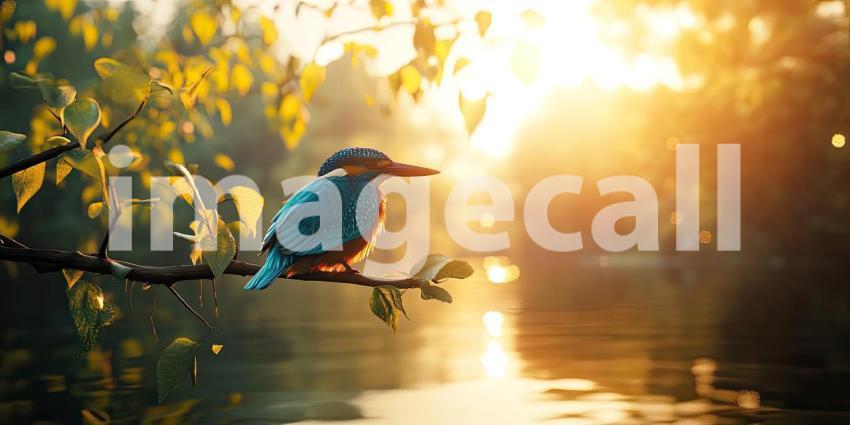 Kingfisher's Perch: A vibrant kingfisher surveys its domain from a branch laden with autumn leaves, the sunlight catching its iridescent plumage