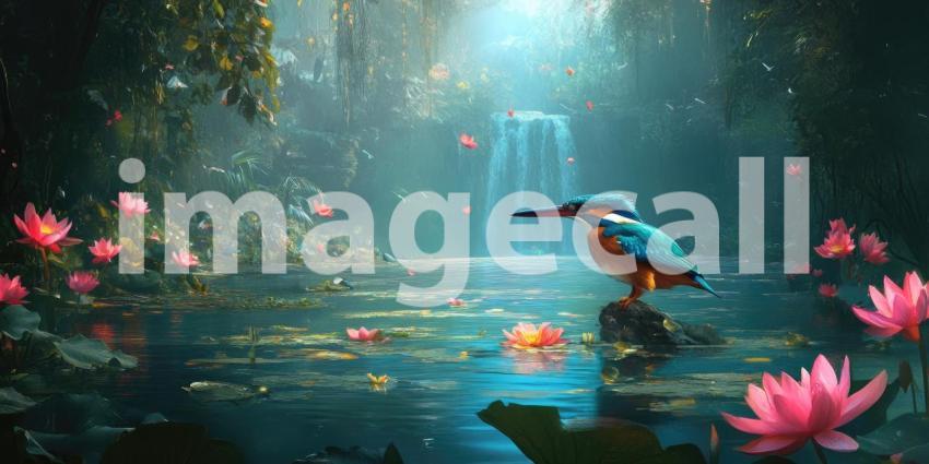 Kingfisher's Perch: A vibrant kingfisher surveys its domain from a branch laden with autumn leaves, the sunlight catching its iridescent plumage